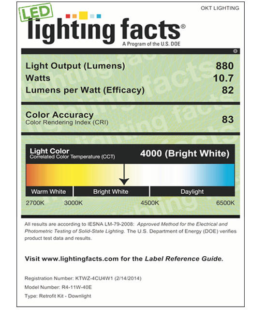 Lighting Facts For 4000K 4inch 11W LED Retrofit Downlight