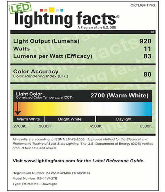 Lighting Facts For 2700K 6inch 11W LED Retrofit Downlight