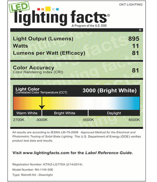 Lighting Facts For 3000K 4inch 11W LED Retrofit Downlight