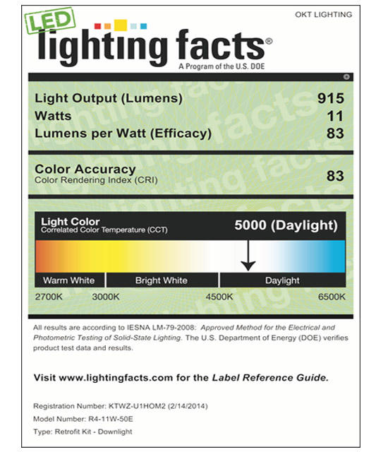 Lighting Facts For 5000K 4inch 11W LED Retrofit Downlight
