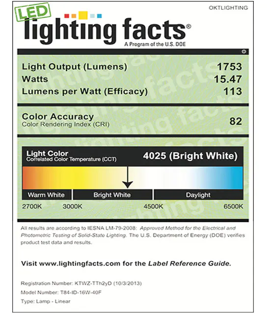 Lighting Facts For 4000K T84 16W Internal Driver LED Tube Light