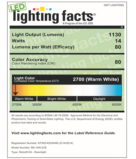 Lighting Facts For 2700K 6inch 14W LED Retrofit Downlight