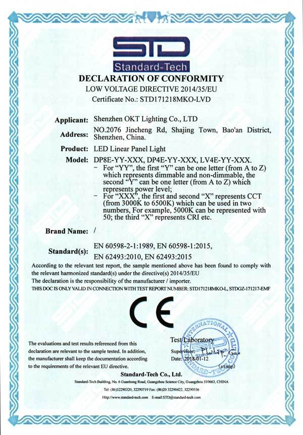 CE Certificate for LED Linear Fixtures (DP & LV Series)